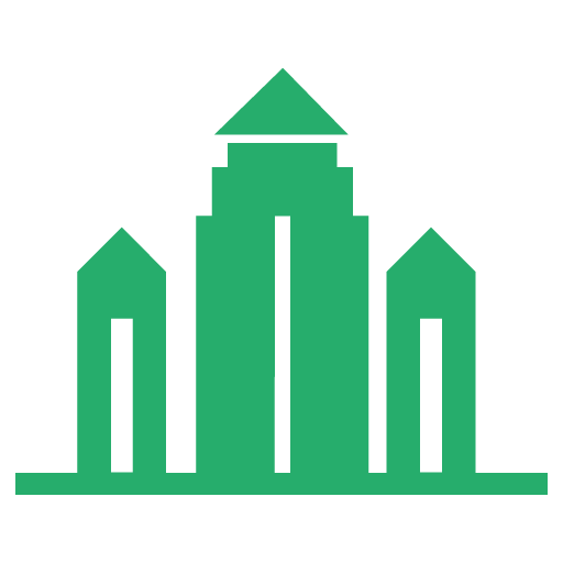 Green silhouette of three buildings with a horizontal base.